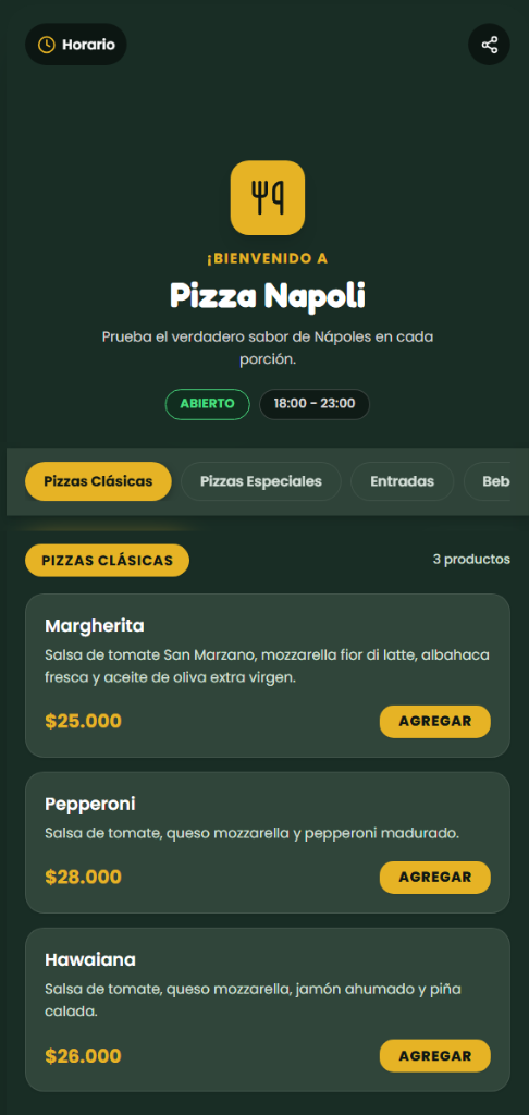 Interfaz del menú digital Pizza Napoli